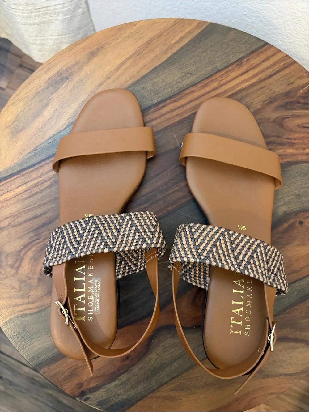 Italian Shoemakers Woven Strap Tan Leather Block Heel Sandals